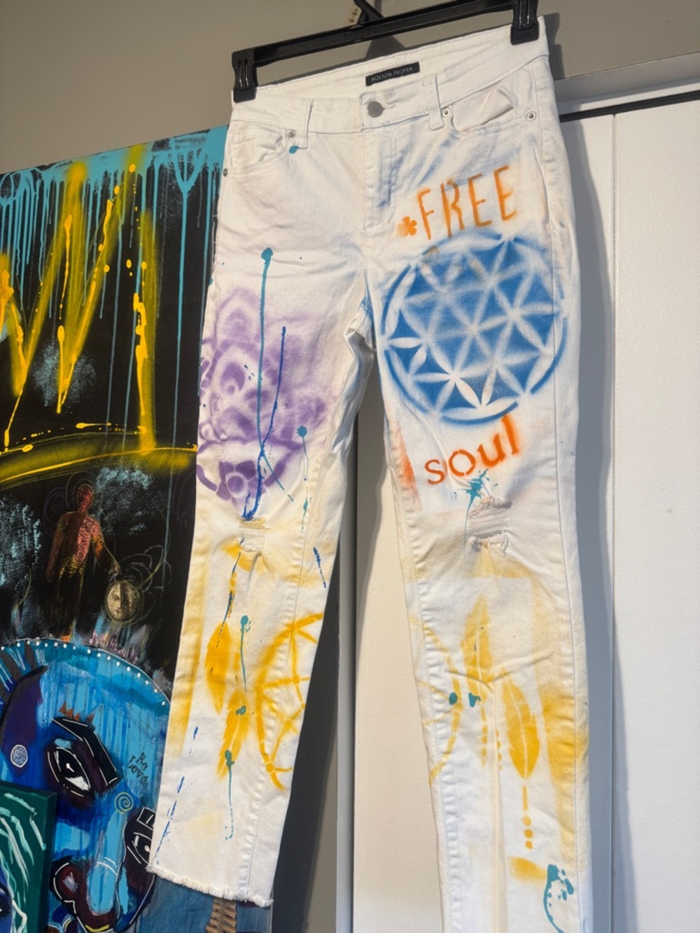Hand Painted White Boston Proper Jeans Custom streetwear size 28 - Picture 11 of 13